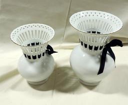 2 Porcelain Baum Bros Vases With Blue Ribbons