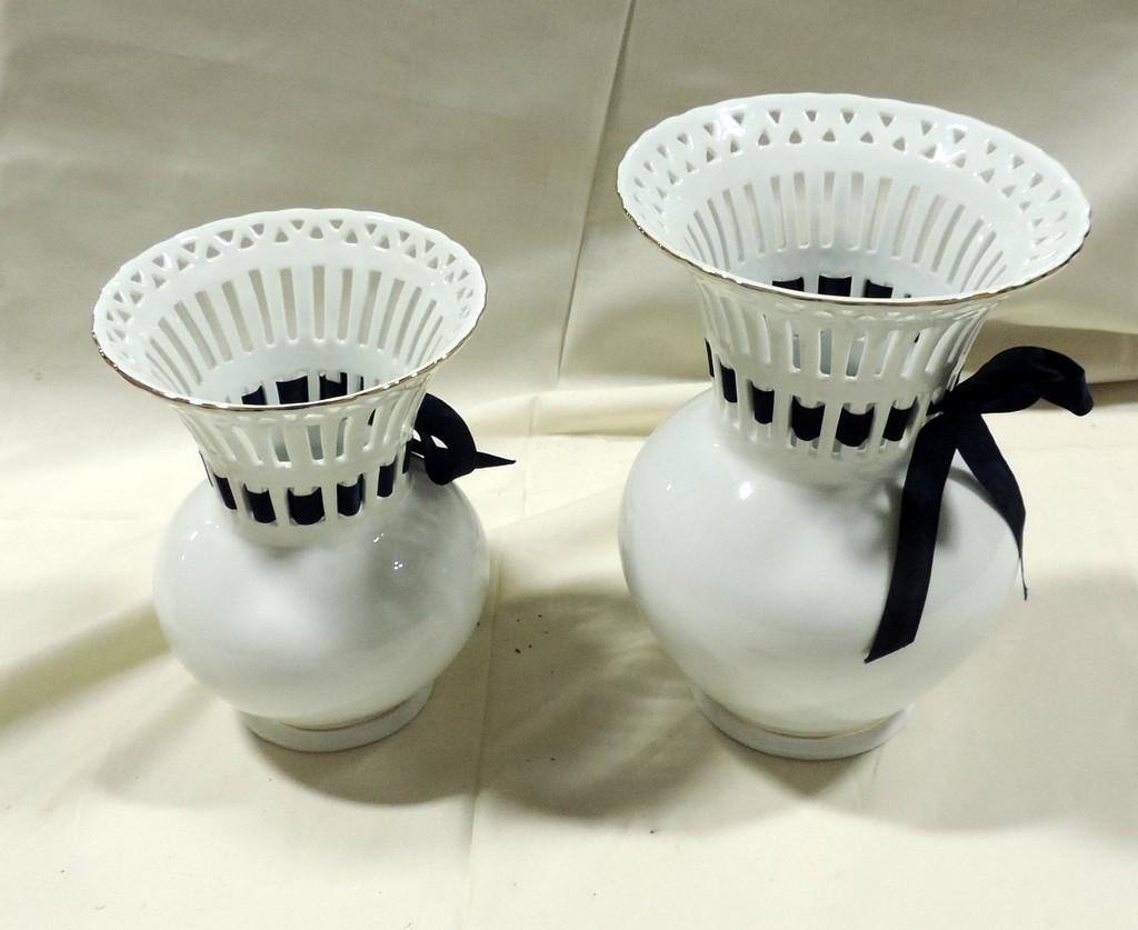 2 Porcelain Baum Bros Vases With Blue Ribbons