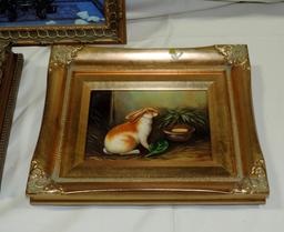 2 Oil On Board Rabbit Paintings & Floral Print On Board