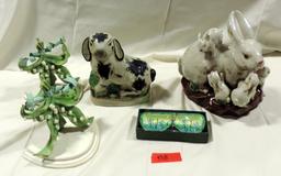 Pottery Rabbit Figures & Pair Of Silvestri Wall Shelves.