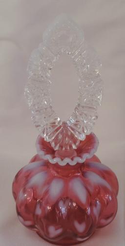 Fenton Cranberry Glass Perfume With White Shaded Heart Designs, Ruffled Edge