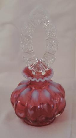 Fenton Cranberry Glass Perfume With White Shaded Heart Designs, Ruffled Edge