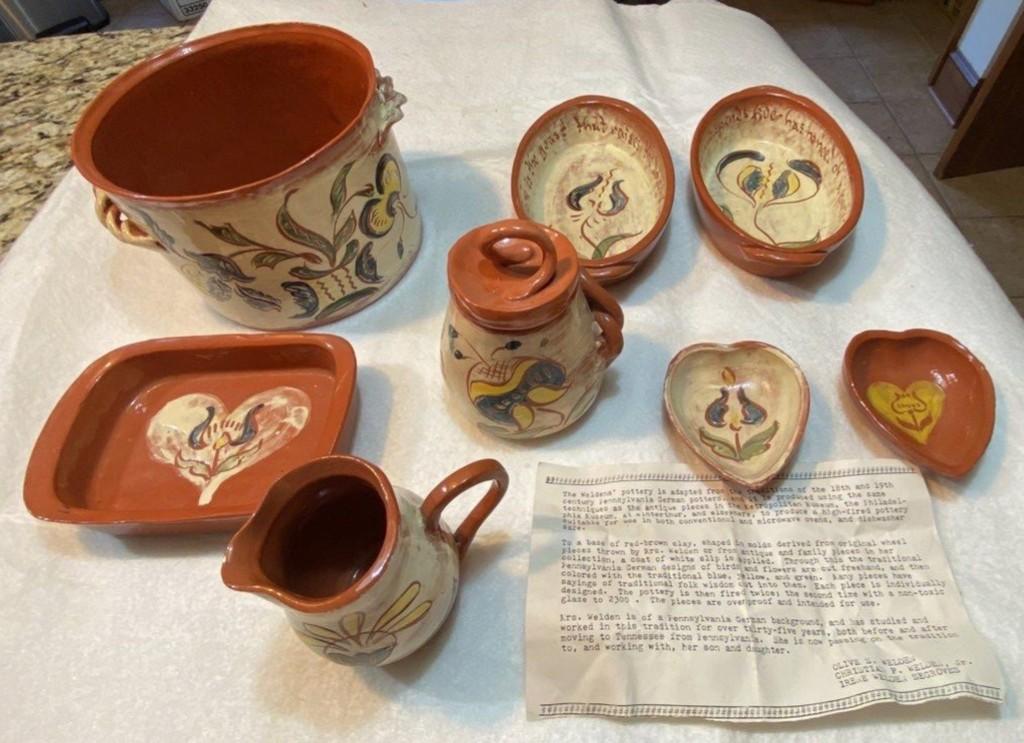 Eight-Piece Lot of Olive S. Weldon Signed Pottery