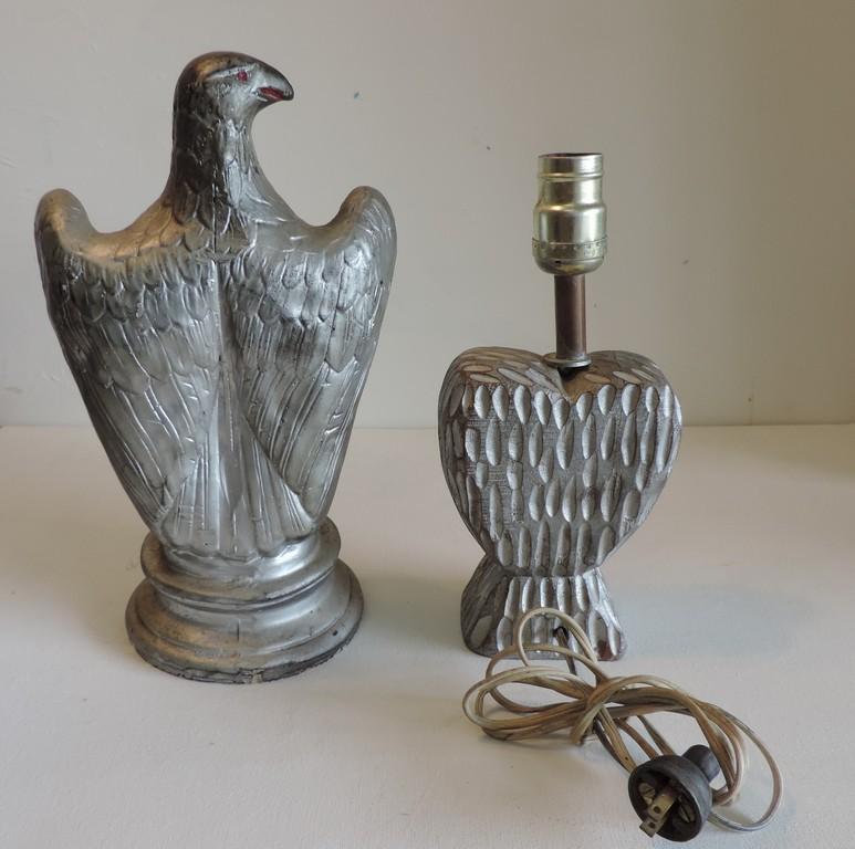 Silver Painted Plaster Eagle & Carved Wood Heart Shape Lamp