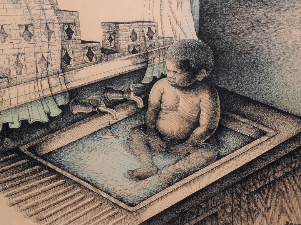 Listed African American Artist Robert Hall Sampson Co, N. C. Pen and Ink Drawing
