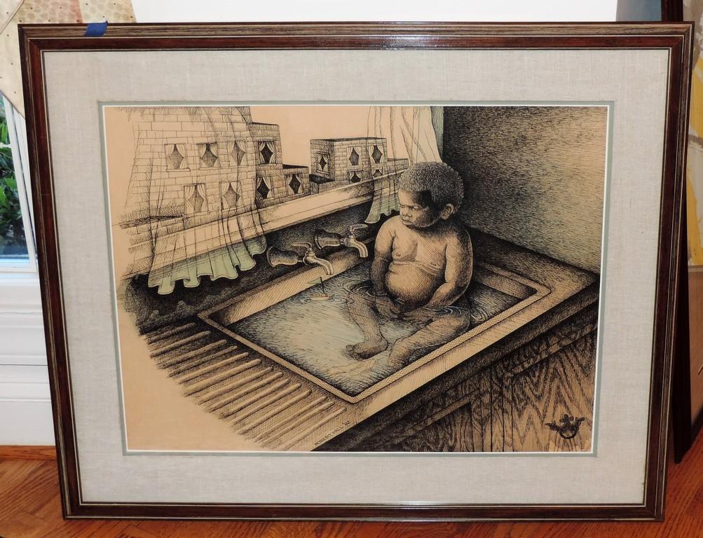 Listed African American Artist Robert Hall Sampson Co, N. C. Pen and Ink Drawing