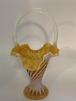 Gold and White Fenton Scalloped Edge Basket with Handle