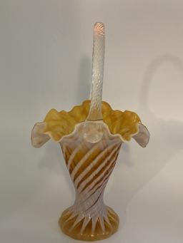 Gold and White Fenton Scalloped Edge Basket with Handle