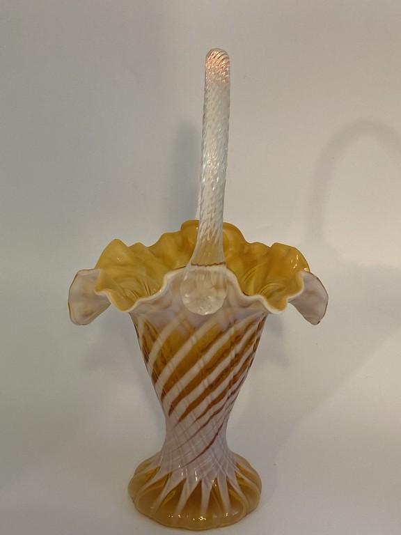 Gold and White Fenton Scalloped Edge Basket with Handle