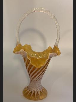 Gold and White Fenton Scalloped Edge Basket with Handle