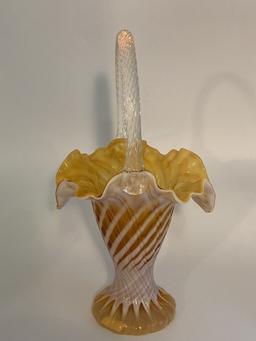 Gold and White Fenton Scalloped Edge Basket with Handle
