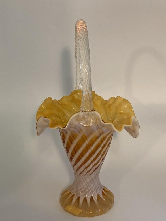 Gold and White Fenton Scalloped Edge Basket with Handle