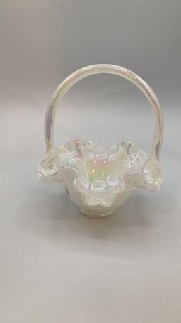 Fenton Ruffled Edge Translucent Basket with Handle with Hand-Painted Florals