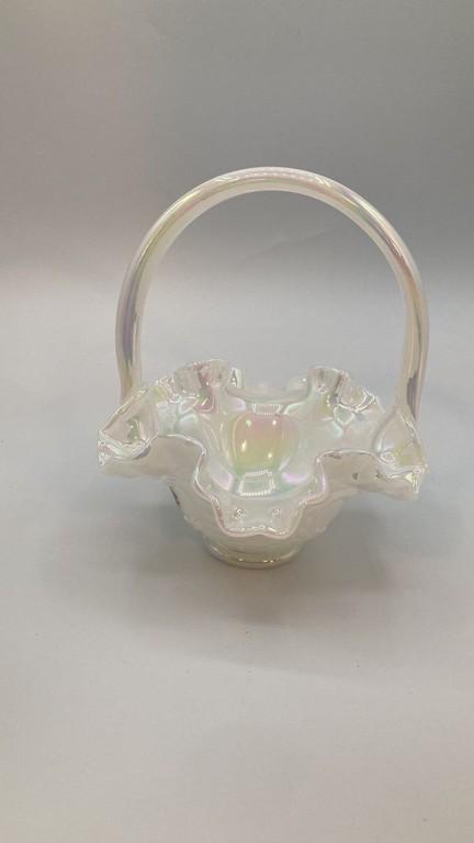 Fenton Ruffled Edge Translucent Basket with Handle with Hand-Painted Florals
