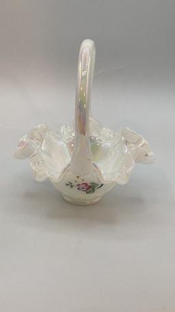 Fenton Ruffled Edge Translucent Basket with Handle with Hand-Painted Florals