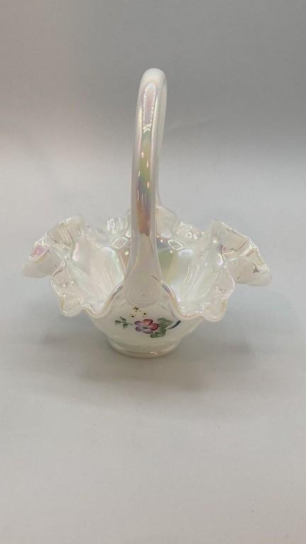 Fenton Ruffled Edge Translucent Basket with Handle with Hand-Painted Florals