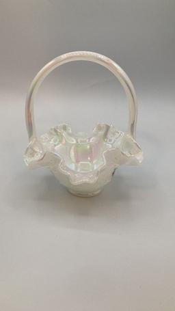 Fenton Ruffled Edge Translucent Basket with Handle with Hand-Painted Florals