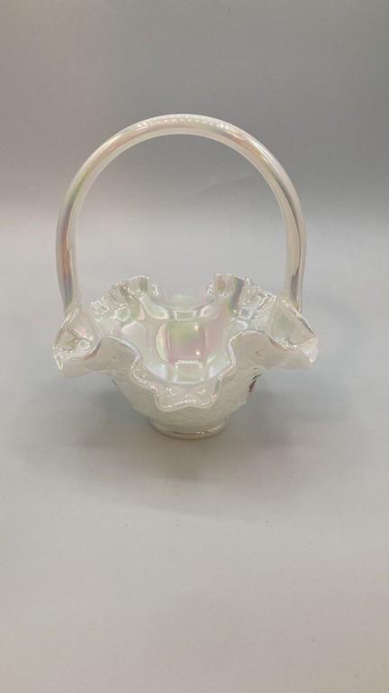 Fenton Ruffled Edge Translucent Basket with Handle with Hand-Painted Florals