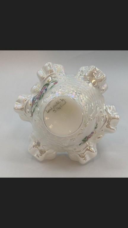 Fenton Ruffled Edge Translucent Basket with Handle with Hand-Painted Florals