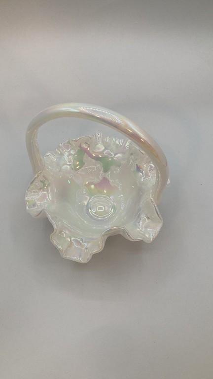 Fenton Ruffled Edge Translucent Basket with Handle with Hand-Painted Florals