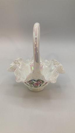 Fenton Ruffled Edge Translucent Basket with Handle with Hand-Painted Florals