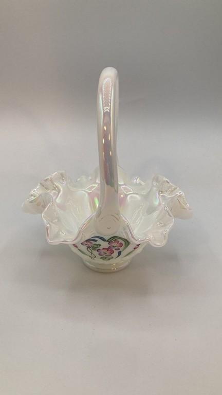 Fenton Ruffled Edge Translucent Basket with Handle with Hand-Painted Florals