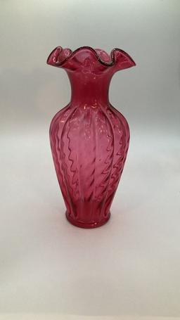 Cranberry Colored Ruffled Edge Fenton Vase