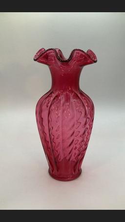 Cranberry Colored Ruffled Edge Fenton Vase