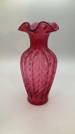 Cranberry Colored Ruffled Edge Fenton Vase