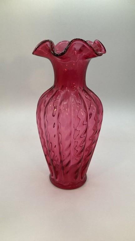 Cranberry Colored Ruffled Edge Fenton Vase