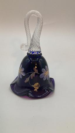 Purple Fenton Bell with Clear Glass Fold-Over Handle