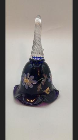 Purple Fenton Bell with Clear Glass Fold-Over Handle
