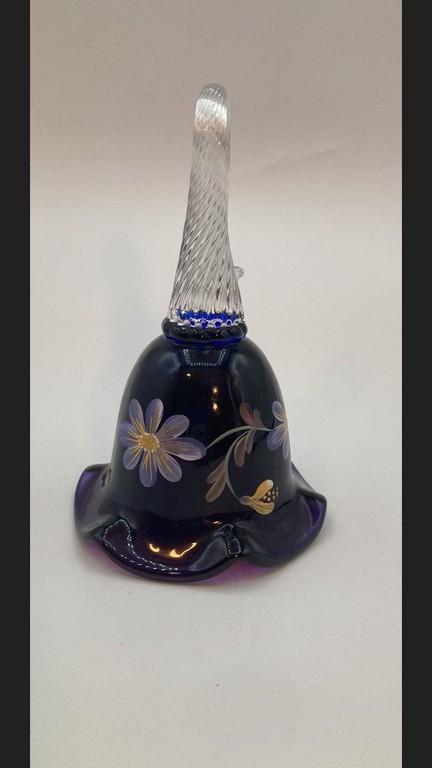 Purple Fenton Bell with Clear Glass Fold-Over Handle