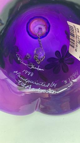 Purple Fenton Bell with Clear Glass Fold-Over Handle