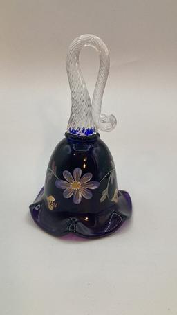 Purple Fenton Bell with Clear Glass Fold-Over Handle