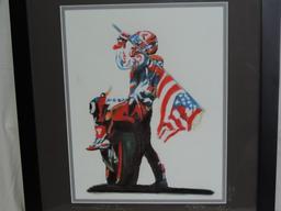 Original Signed Racing Color Lithograph Of Motorcycle & Driver Holding American Flag