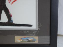 Original Signed Racing Color Lithograph Of Motorcycle & Driver Holding American Flag