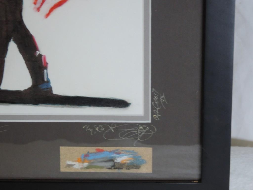 Original Signed Racing Color Lithograph Of Motorcycle & Driver Holding American Flag