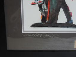 Original Signed Racing Color Lithograph Of Motorcycle & Driver Holding American Flag