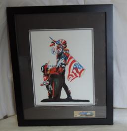 Original Signed Racing Color Lithograph Of Motorcycle & Driver Holding American Flag