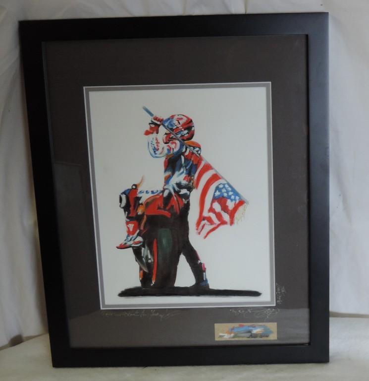 Original Signed Racing Color Lithograph Of Motorcycle & Driver Holding American Flag