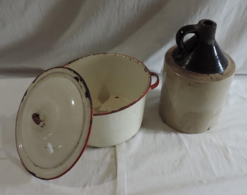 Pottery Jug and Enamel Pot