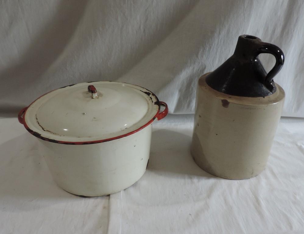 Pottery Jug and Enamel Pot