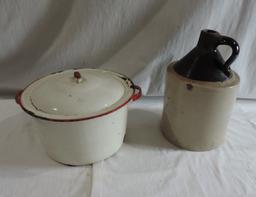 Pottery Jug and Enamel Pot