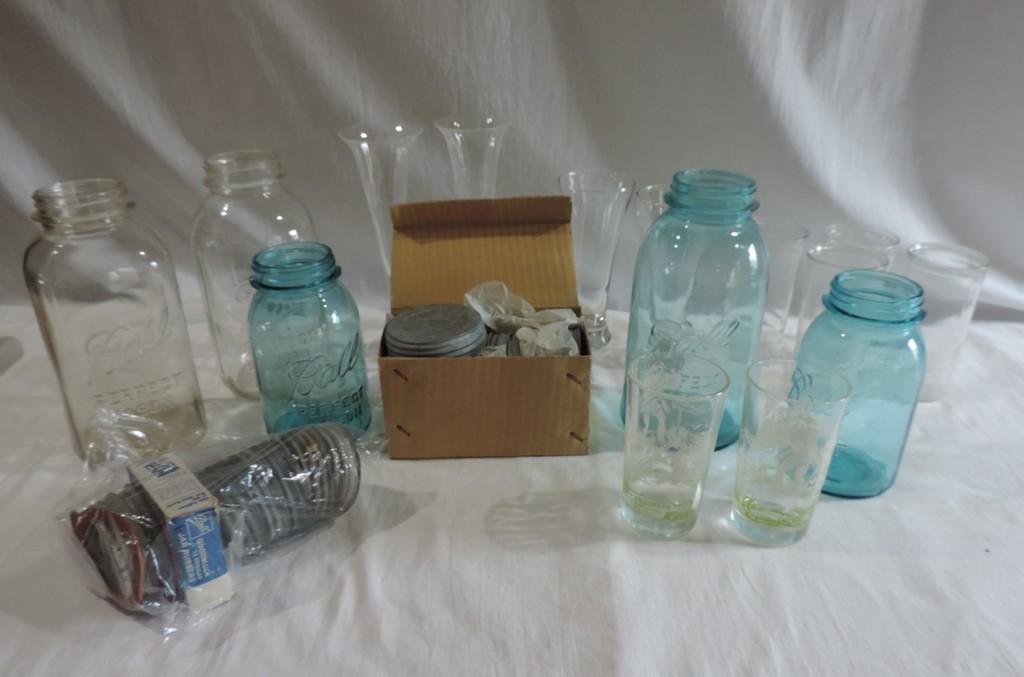 Blue Ball Jars and Glassware Shelf Lot