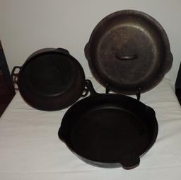 No. 12 Cast Iron Skillet with Lid and Wagner Ware Double Handled Cast Iron Pot