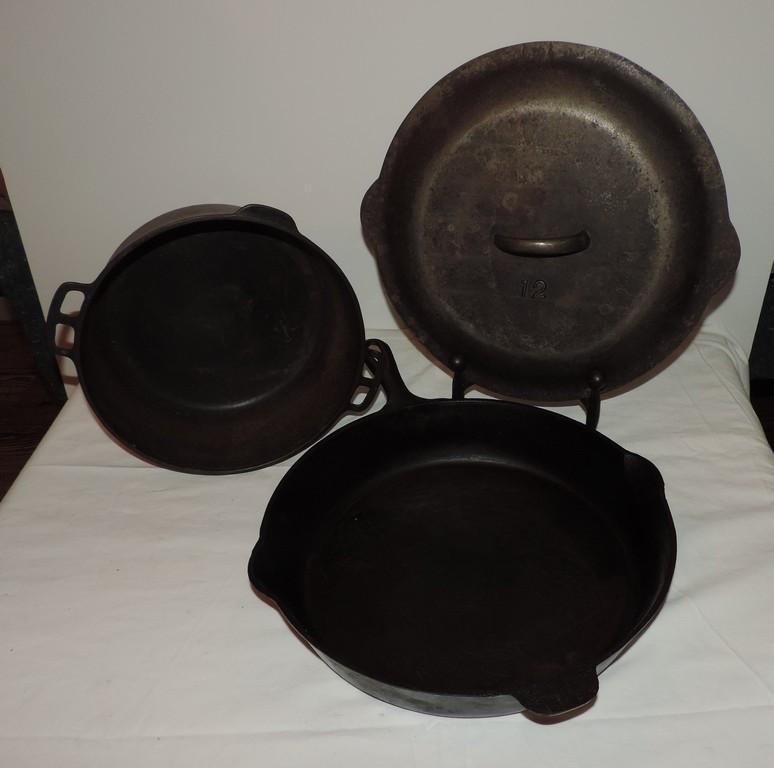 No. 12 Cast Iron Skillet with Lid and Wagner Ware Double Handled Cast Iron Pot