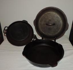 No. 12 Cast Iron Skillet with Lid and Wagner Ware Double Handled Cast Iron Pot