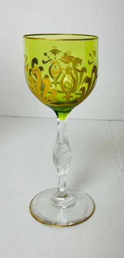 Lot of Early Moser Gold and Green Crystal Enameled Stemware