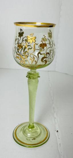 Lot of Early Moser Gold and Green Crystal Enameled Stemware